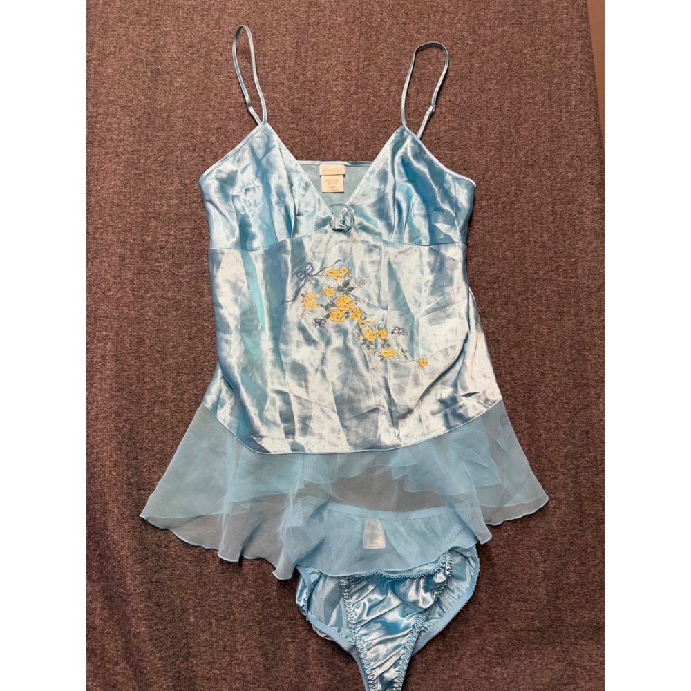 VTG Secret Treasures Blue Satin Sheer Camisole Set Butterfly Floral Embroidery L